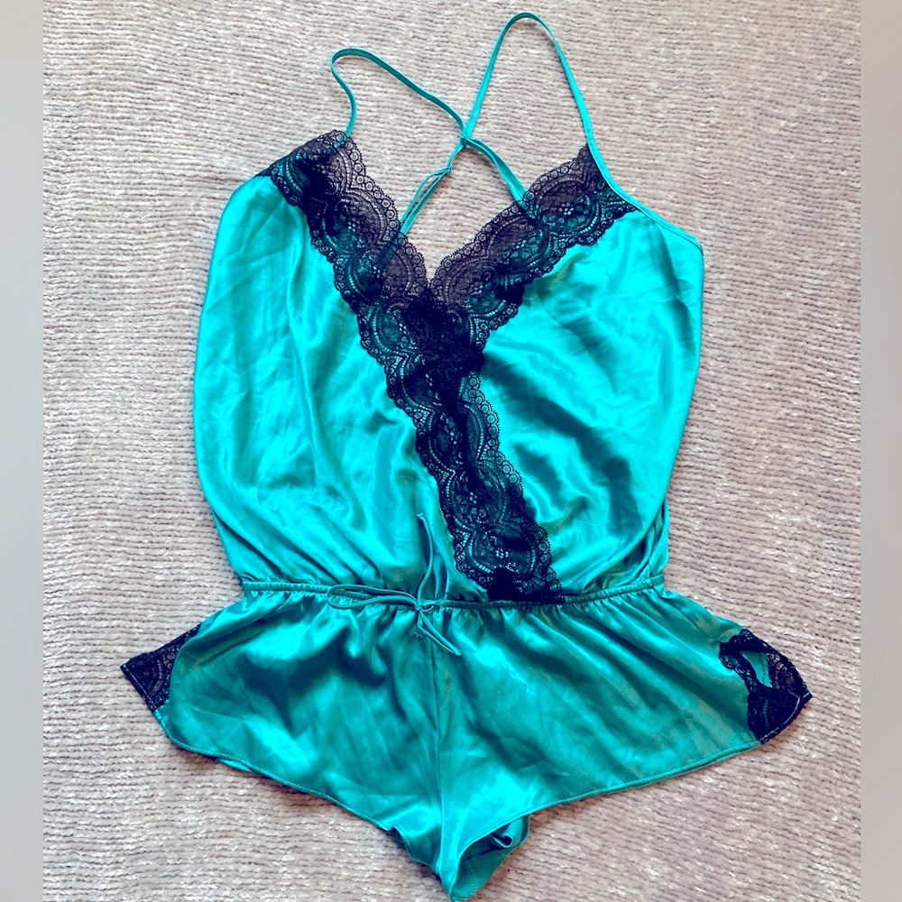 Victoria’s Secret Satin Lace Romper Teddy Teal Blue Lingerie Sleepwear Size S